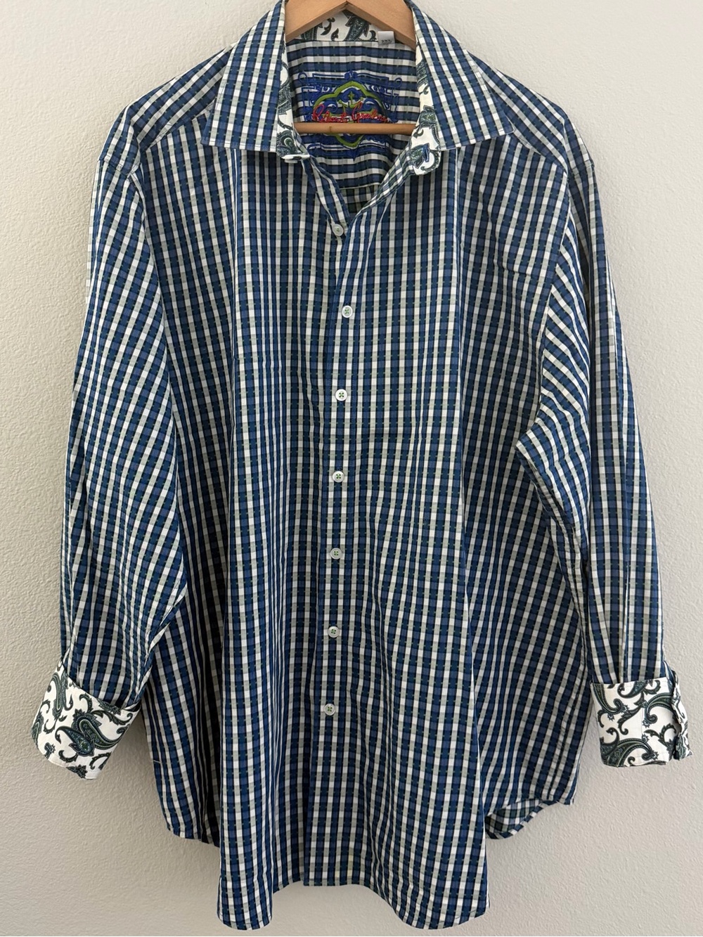 Robert Graham Blue & White Checked Paisley Flip Cuff Embroidered Detail